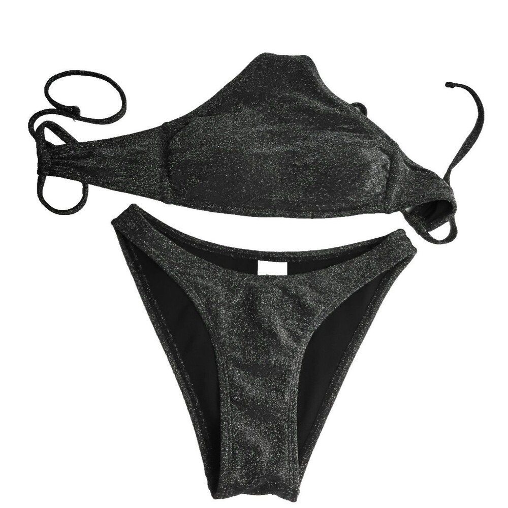 Wild Fable Black Lurex Swimsuit Bakini Womans Mismatched Top Small Bottoms XS